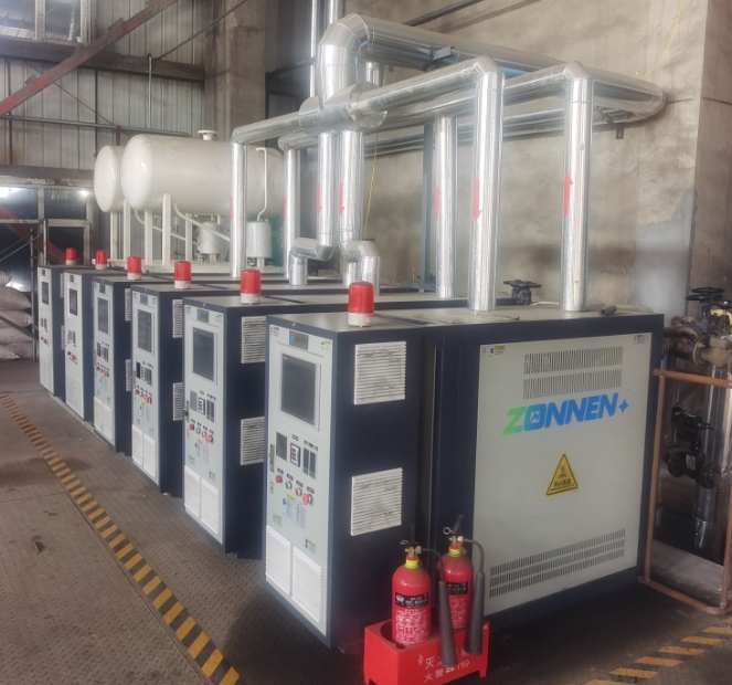 中能温控165度电模温机在大型橡胶传送带，硫化生产大平板压机中的应用